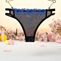 P400 - Celana Dalam Panties Thong Biru Transparan, Bordir Bunga, Samping Tali Dobel - Thumbnail 1