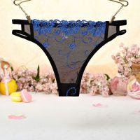 P400 - Celana Dalam Panties Thong Biru Transparan, Bordir Bunga, Samping Tali Dobel