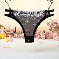 P401 - Celana Dalam Panties Thong Putih Transparan, Bordir Bunga, Samping Tali Dobel