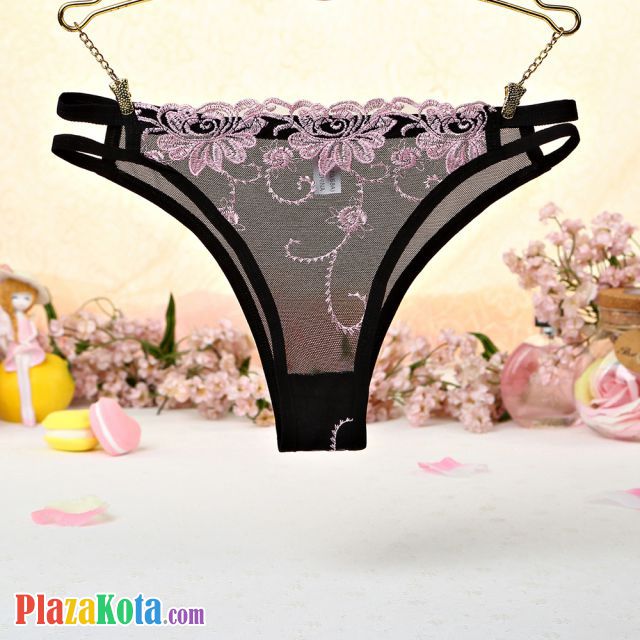 P402 - Celana Dalam Panties Thong Pink Transparan, Bordir Bunga, Samping Tali Dobel - Photo 1