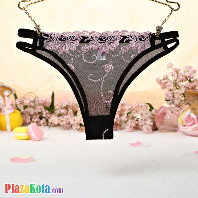 P402 - Celana Dalam Panties Thong Pink Transparan Bordir Bunga Samping Tali Dobel - Photo 1