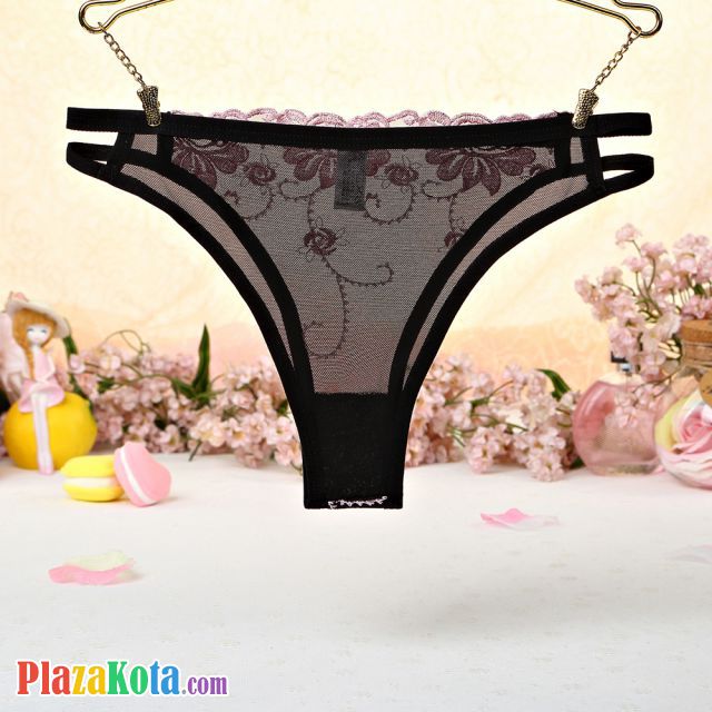 P402 - Celana Dalam Panties Thong Pink Transparan Bordir Bunga Samping Tali Dobel - Photo 2