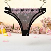 P402 - Celana Dalam Panties Thong Pink Transparan, Bordir Bunga, Samping Tali Dobel