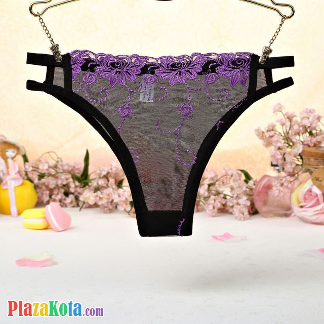 P403 - Celana Dalam Panties Thong Ungu Transparan, Bordir Bunga, Samping Tali Dobel - Photo 1