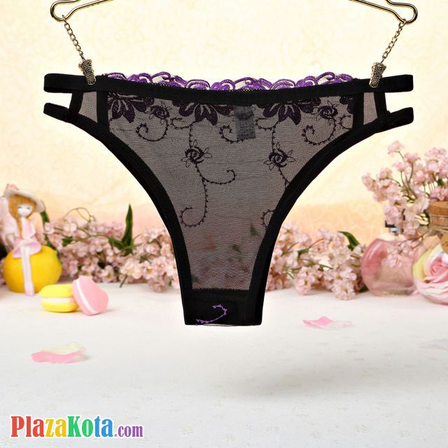 P403 - Celana Dalam Panties Thong Ungu Transparan, Bordir Bunga, Samping Tali Dobel - Photo 2