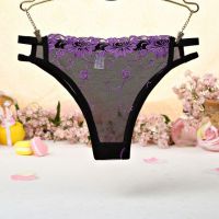 P403 - Celana Dalam Panties Thong Ungu Transparan, Bordir Bunga, Samping Tali Dobel