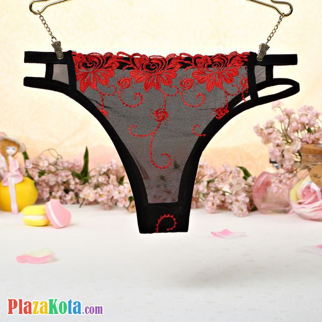 P404 - Celana Dalam Panties Thong Merah Transparan Bordir Bunga Samping Tali Dobel - Photo 1