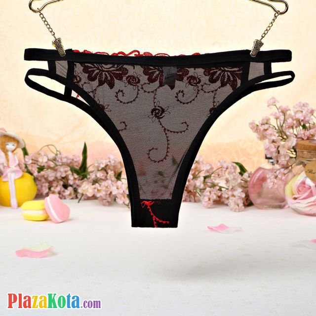 P404 - Celana Dalam Panties Thong Merah Transparan, Bordir Bunga, Samping Tali Dobel - Photo 2
