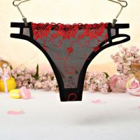 P404 - Celana Dalam Panties Thong Merah Transparan, Bordir Bunga, Samping Tali Dobel