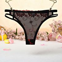 P404 - Celana Dalam Panties Thong Merah Transparan Bordir Bunga Samping Tali Dobel - 2