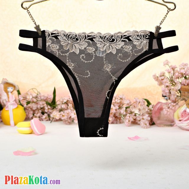 P405 - Celana Dalam Panties Thong Krem Transparan Bordir Bunga Samping Tali Dobel - Photo 1