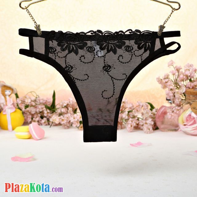 P406 - Celana Dalam Panties Thong Hitam Transparan Bordir Bunga Samping Tali Dobel - Photo 1