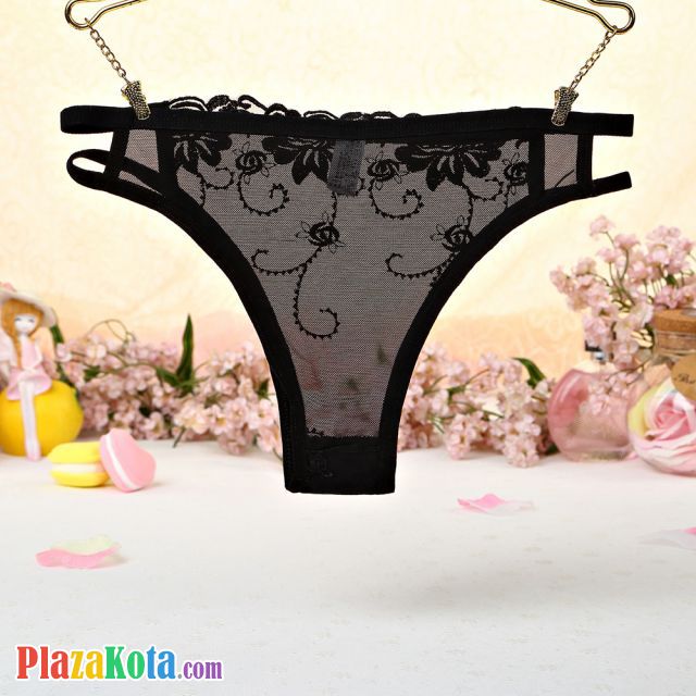 P406 - Celana Dalam Panties Thong Hitam Transparan Bordir Bunga Samping Tali Dobel - Photo 2