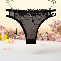 P406 - Celana Dalam Panties Thong Hitam Transparan, Bordir Bunga, Samping Tali Dobel