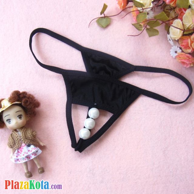 GS254 - Celana Dalam G-String Mutiara Crotchless Hitam - Photo 1