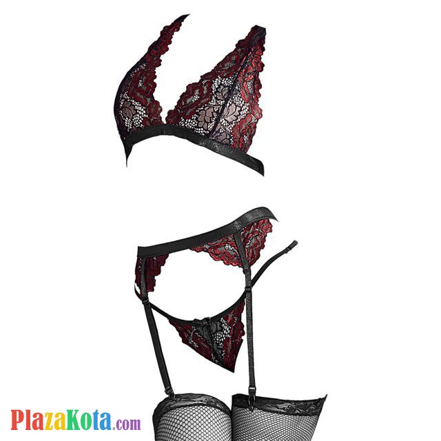 B292 - Bra Set Bralette Halter Hitam Merah Transparan Celana Dalam Garter Belt Stocking - Photo 1