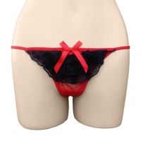 GS265 - Celana Dalam G-String Wanita Merah Transparan, Renda Hitam