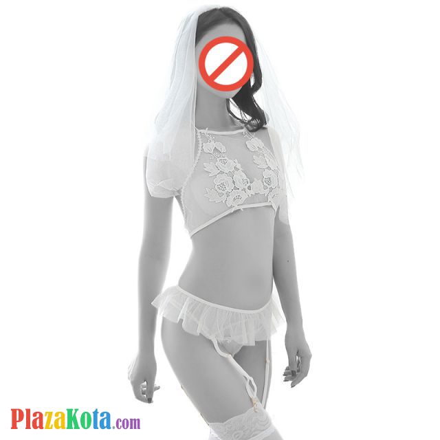B297 - Bra Set Costume Cosplay Bridal Pengantin Halter Putih Transparan Bando Tudung Garter Belt Stocking - Photo 1