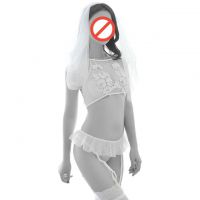 B297 - Bikini Costume Bridal Pengantin Halterneck Putih Transparan, Bando Tudung, Garter Renda, Stoc