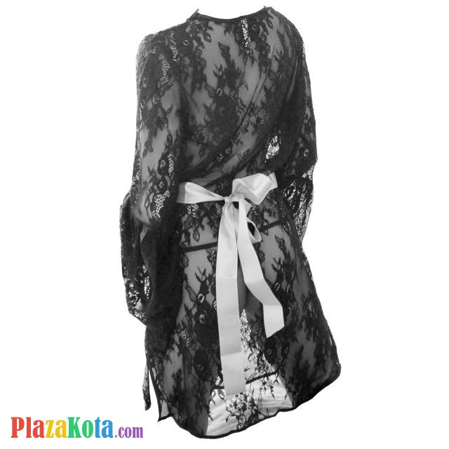 L1056 - Lingerie Nightgown Hitam Transparan, Lengan Panjang, Tali Pita Ikat Pinggang - Photo 2