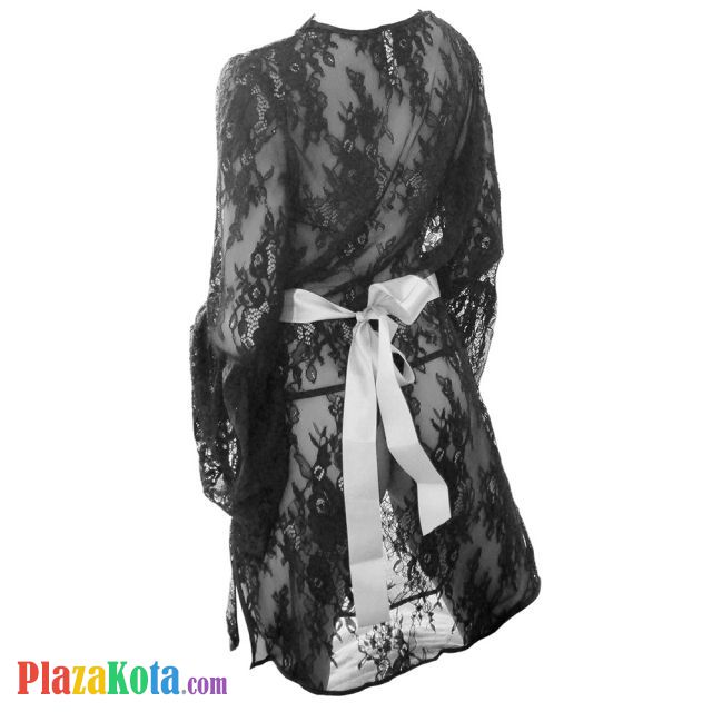 L1056 - Baju Tidur Lingerie Nightgown Sleepwear Midi Dress Hitam Transparan Lengan Panjang Tali Pita Ikat Pinggang - Photo 2