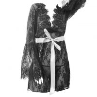 L1056 - Lingerie Nightgown Hitam Transparan, Lengan Panjang, Tali Pita Ikat Pinggang