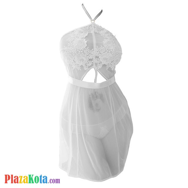 L1063 - Lingerie Nightgown Halterneck Putih Transparan, Dada Brokat - Photo 1