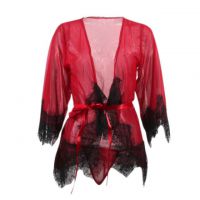 L1081 - Lingerie Robe Merah Transparan, Lengan Panjang, Ikat Pinggang