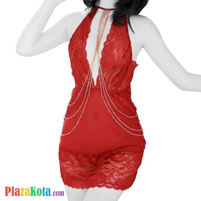 L1085 - Baju Tidur Dinas Malam Wanita Lingerie Bodycon Sheath Dress Seksi Merah Transparan Belahan Dada Rendah Rantai - Photo 1