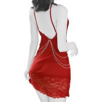 L1085 - Baju Tidur Dinas Malam Wanita Lingerie Bodycon Sheath Dress Seksi Merah Transparan Belahan Dada Rendah Rantai - Thumbnail 2