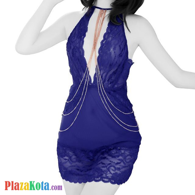 L1086 - Baju Tidur Dinas Malam Wanita Lingerie Bodycon Sheath Dress Seksi Biru Transparan Belahan Dada Rendah Rantai - Photo 1