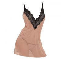 L1087 - Lingerie Nightgown Krem Transparan, Tali Pita Silang