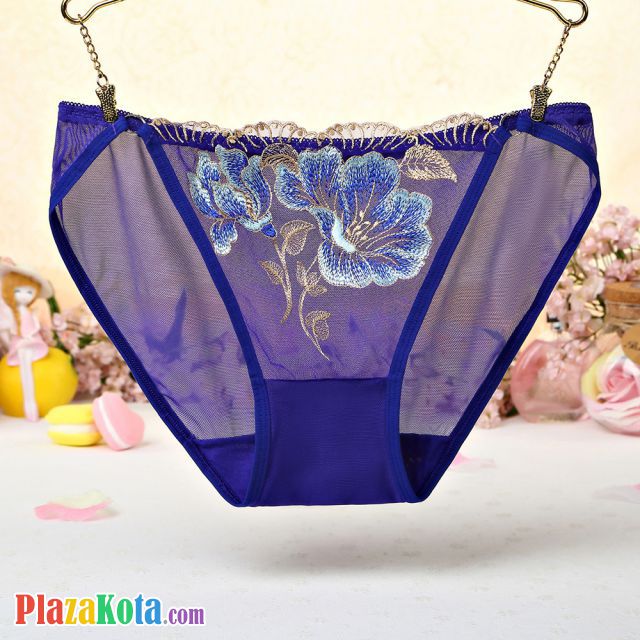 P434 - Celana Dalam Panties Hipster Biru Transparan Bordir Bunga - Photo 1