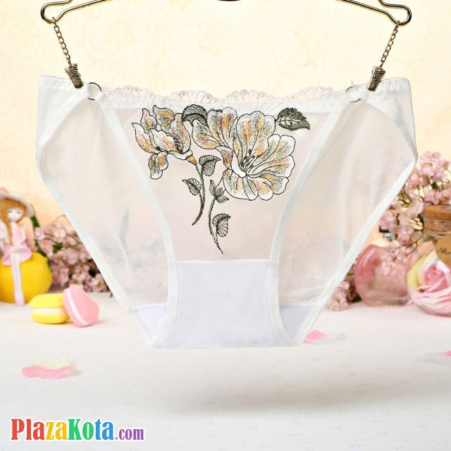 P435 - Celana Dalam Panties Hipster Putih Transparan, Bordir Bunga - Photo 1