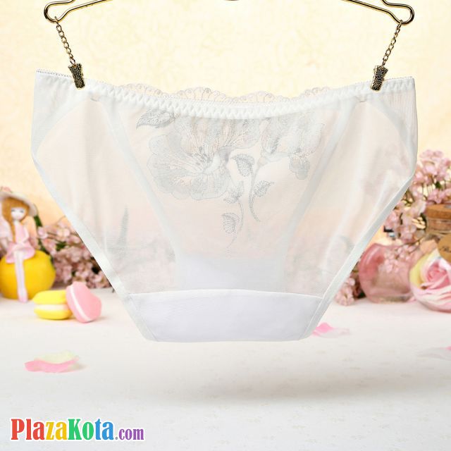 P435 - Celana Dalam Panties Hipster Putih Transparan, Bordir Bunga - Photo 2