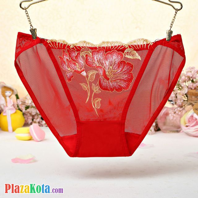 P437 - Celana Dalam Panties Hipster Merah Transparan Bordir Bunga - Photo 1