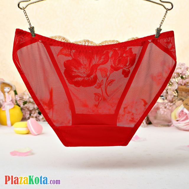 P437 - Celana Dalam Panties Hipster Merah Transparan Bordir Bunga - Photo 2