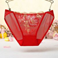 P437 - Celana Dalam Panties Hipster Merah Transparan, Bordir Bunga