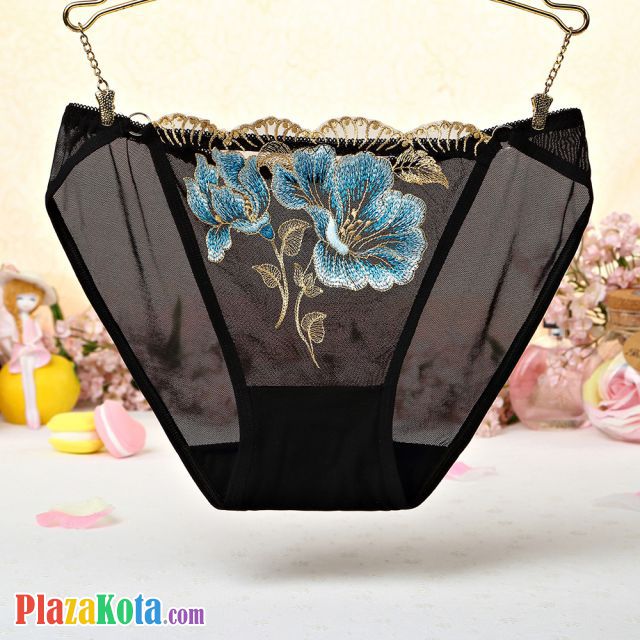 P439 - Celana Dalam Panties Hipster Hitam Transparan, Bordir Bunga - Photo 1