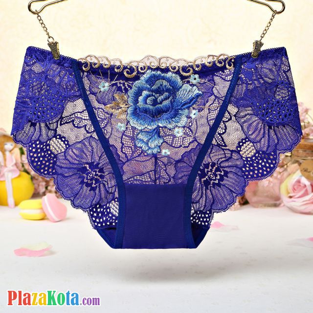 P440 - Celana Dalam Panties Hipster Biru Transparan, Bordir Bunga - Photo 1