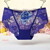 P440 - Celana Dalam Panties Hipster Biru Transparan Bordir Bunga