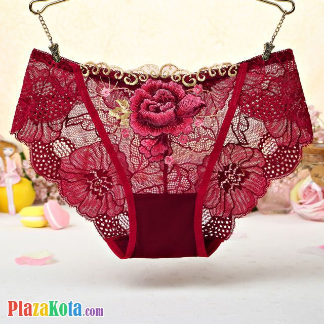P441 - Celana Dalam Panties Hipster Marun Transparan, Bordir Bunga - Photo 1