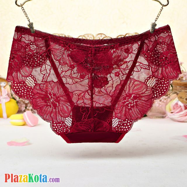 P441 - Celana Dalam Panties Hipster Marun Transparan Bordir Bunga - Photo 2
