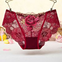 P441 - Celana Dalam Panties Hipster Marun Transparan, Bordir Bunga