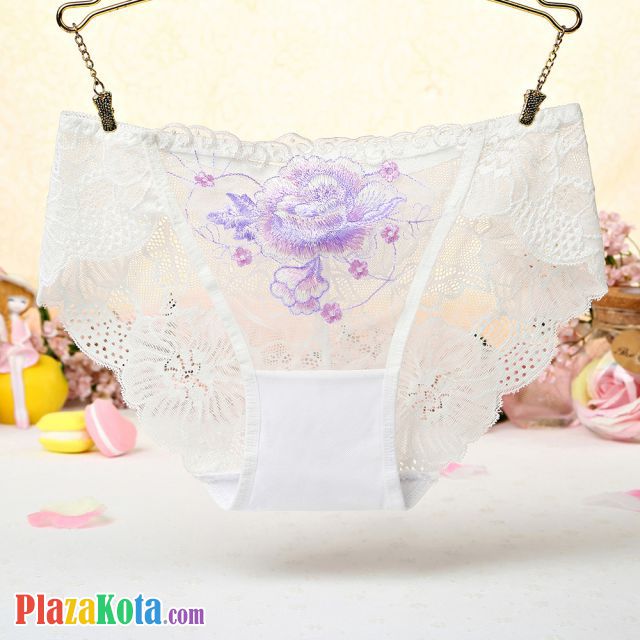 P442 - Celana Dalam Panties Hipster Putih Transparan, Bordir Bunga - Photo 1