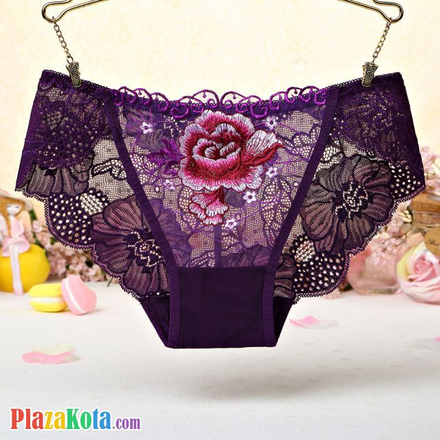 P444 - Celana Dalam Panties Hipster Ungu Transparan Bordir Bunga - Photo 1