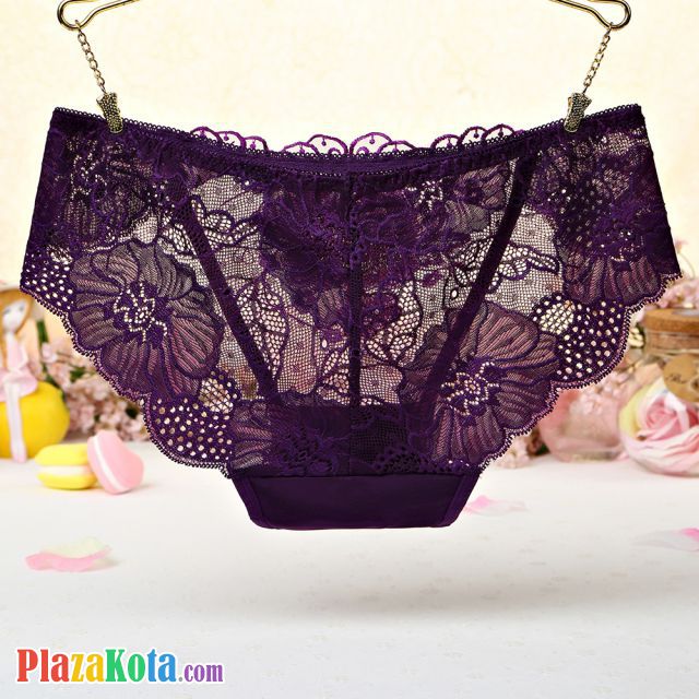 P444 - Celana Dalam Panties Hipster Ungu Transparan Bordir Bunga - Photo 2