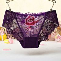 P444 - Celana Dalam Panties Hipster Ungu Transparan Bordir Bunga