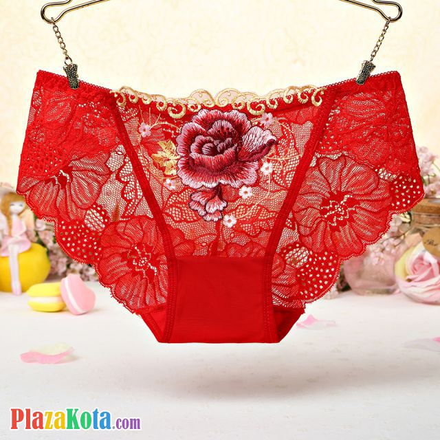 P445 - Celana Dalam Panties Hipster Merah Transparan, Bordir Bunga - Photo 1
