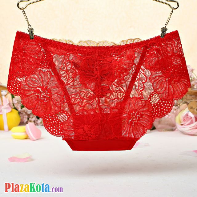 P445 - Celana Dalam Panties Hipster Merah Transparan, Bordir Bunga - Photo 2